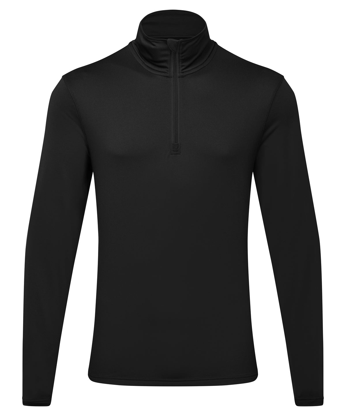 TriDri Men's recycled long sleeve brushed back ¼ zip in Black/Black, front view