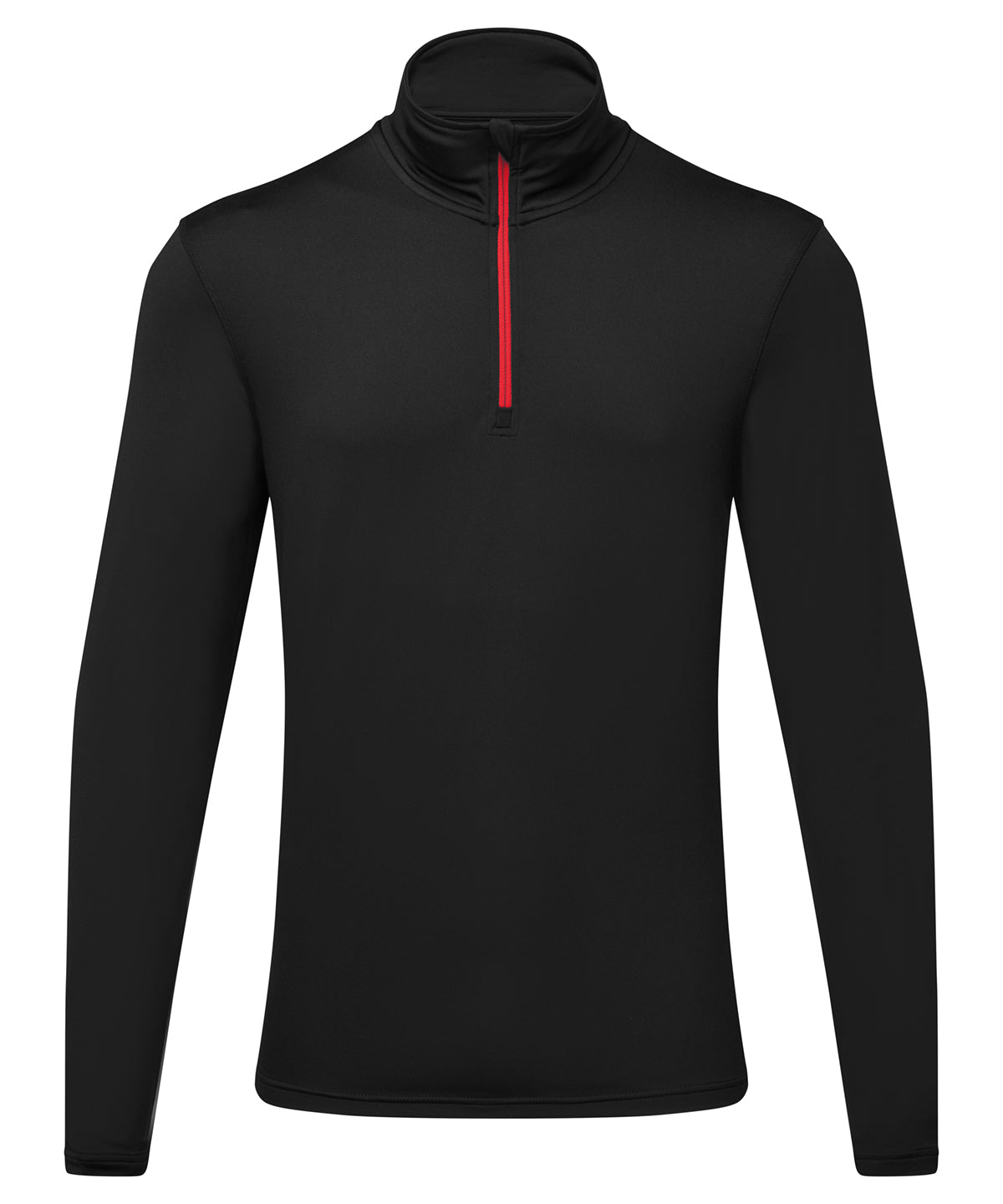 TriDri Men's recycled long sleeve brushed back ¼ zip in Black/Red, front view
