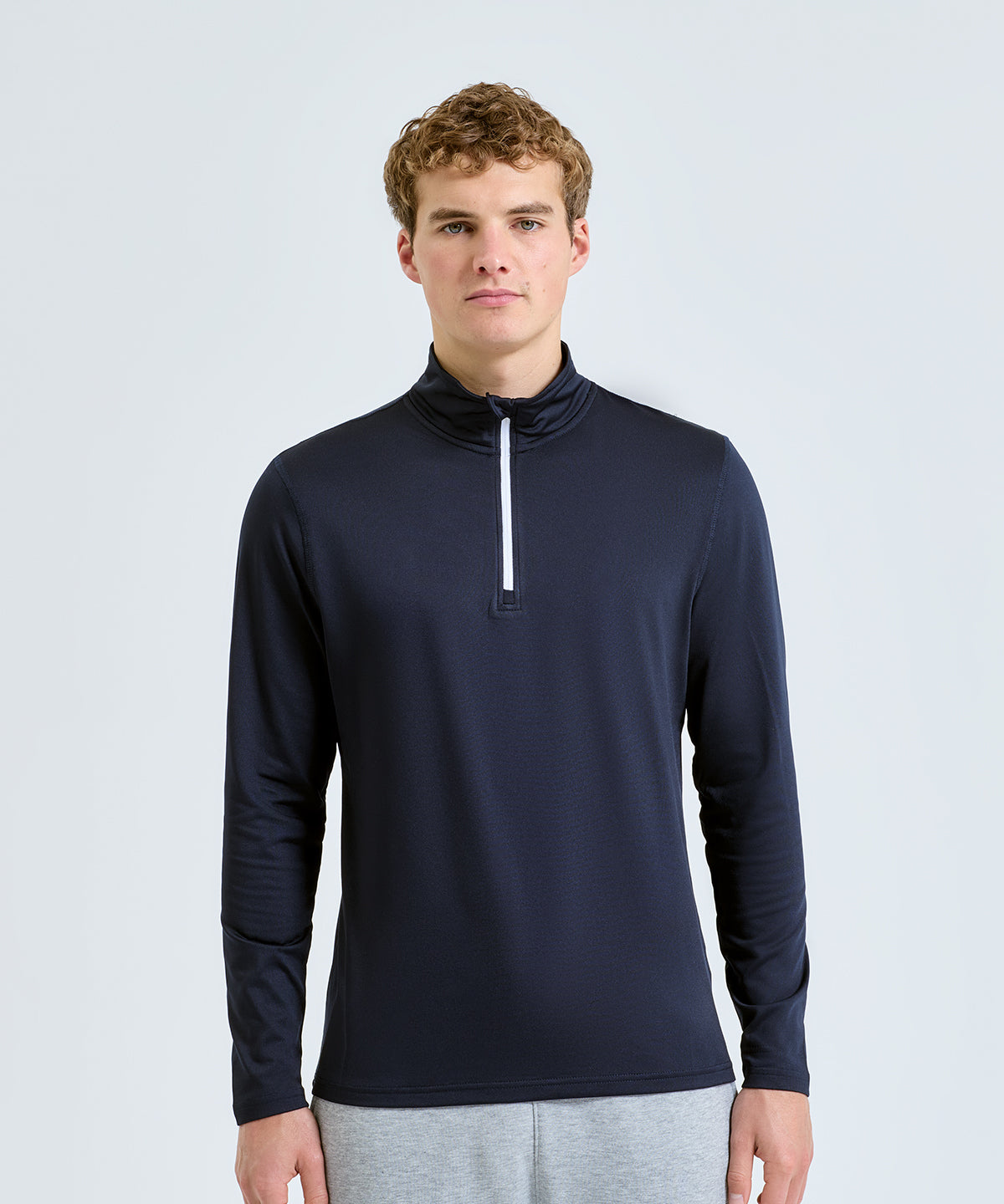 TriDri Men's recycled long sleeve brushed back ¼ zip, lifestyle photo