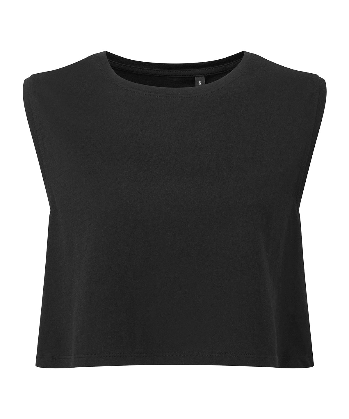 TriDri Women's organic crop tank in Black, front view