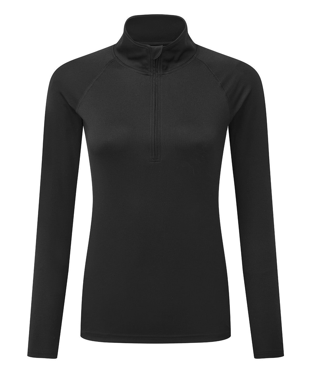 TriDri Women's long sleeve performance ¼ zip in Black/Black, front view