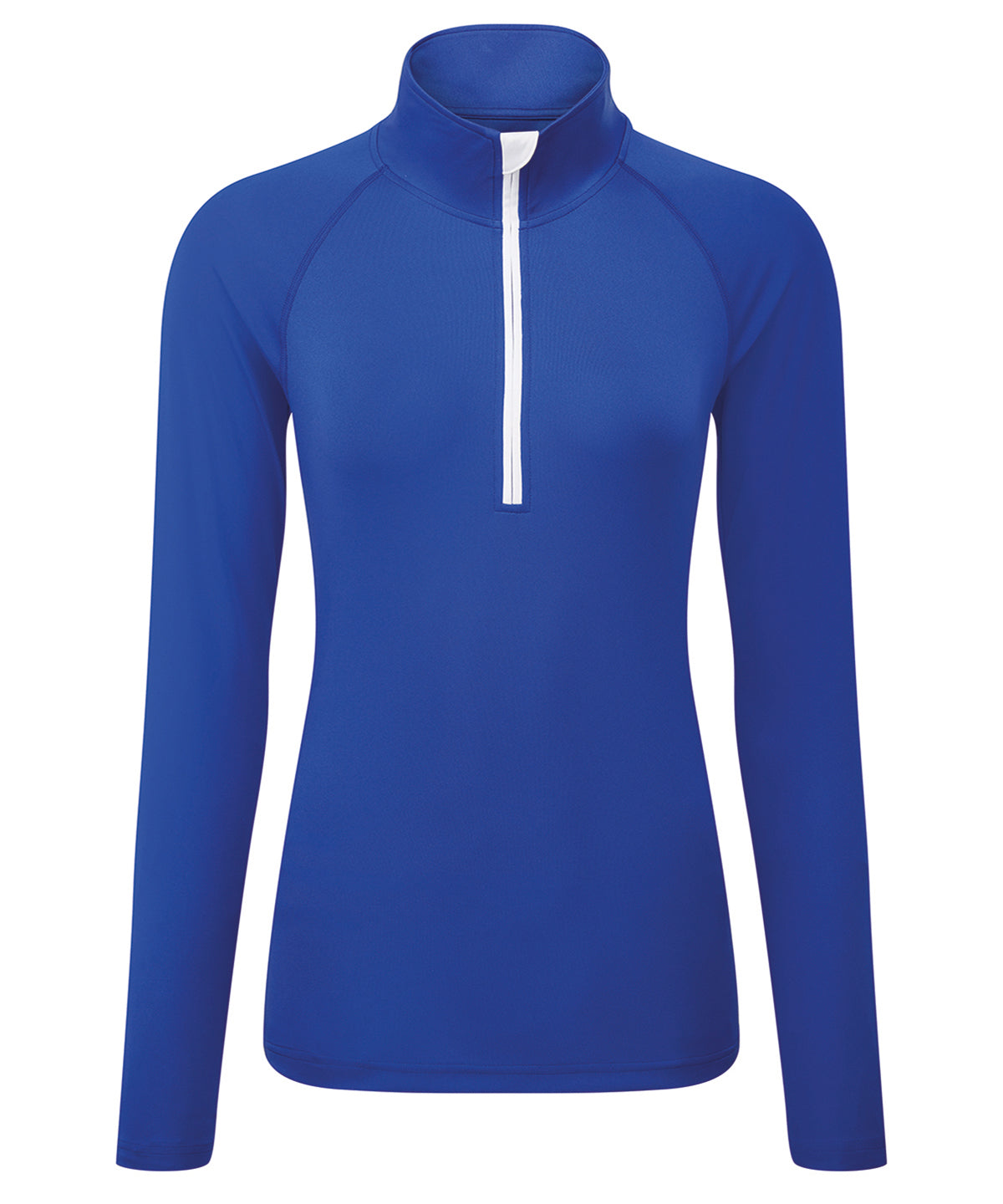 TriDri Women's long sleeve performance ¼ zip in Royal/White, front view
