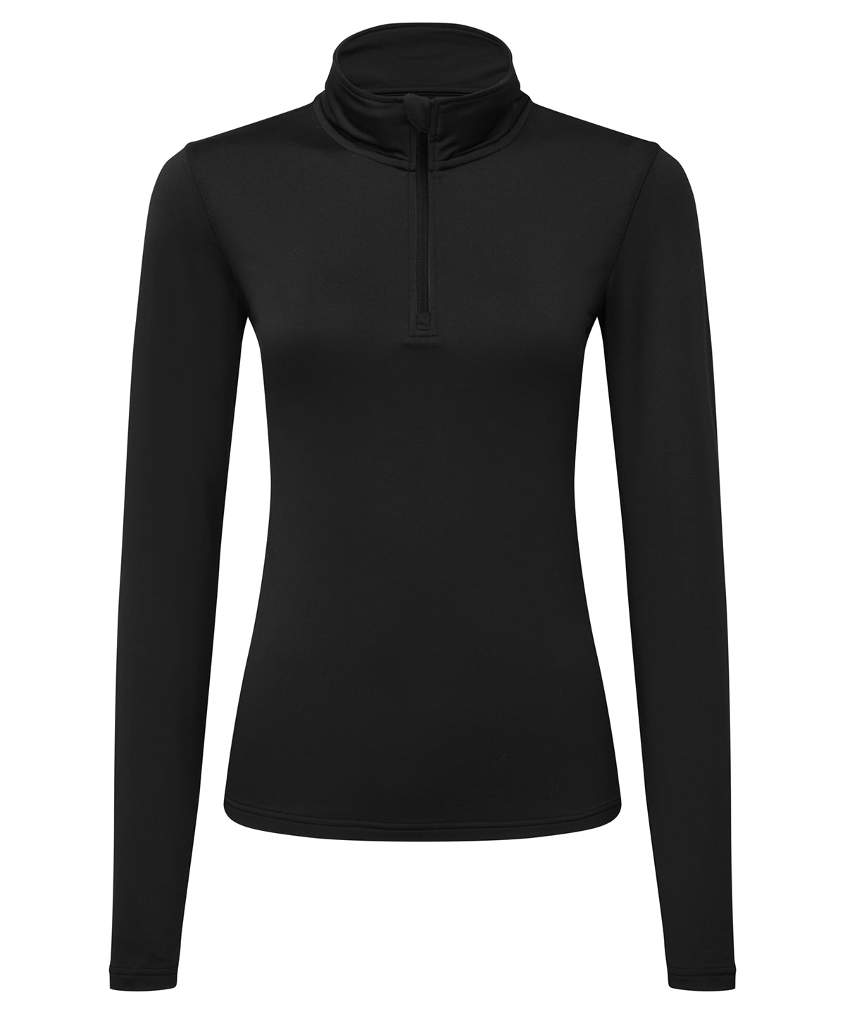 TriDri Women's recycled long sleeve brushed back ¼ zip in Black/Black, front view