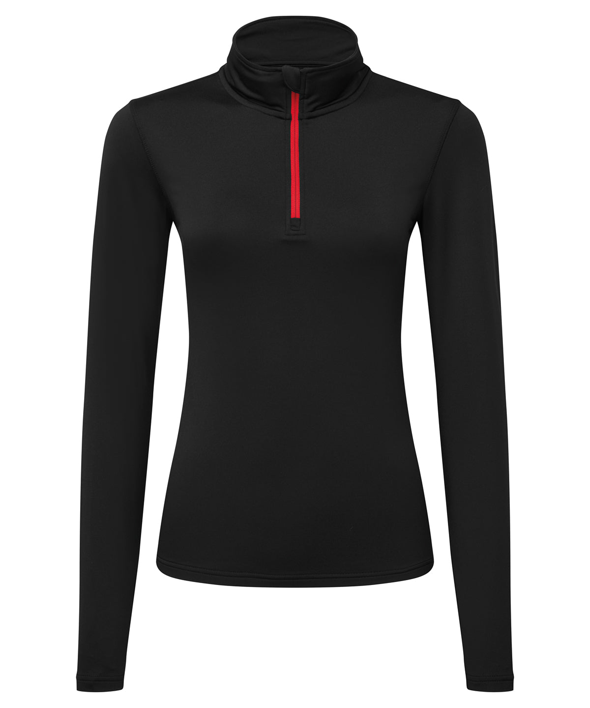 TriDri Women's recycled long sleeve brushed back ¼ zip in Black/Red, front view