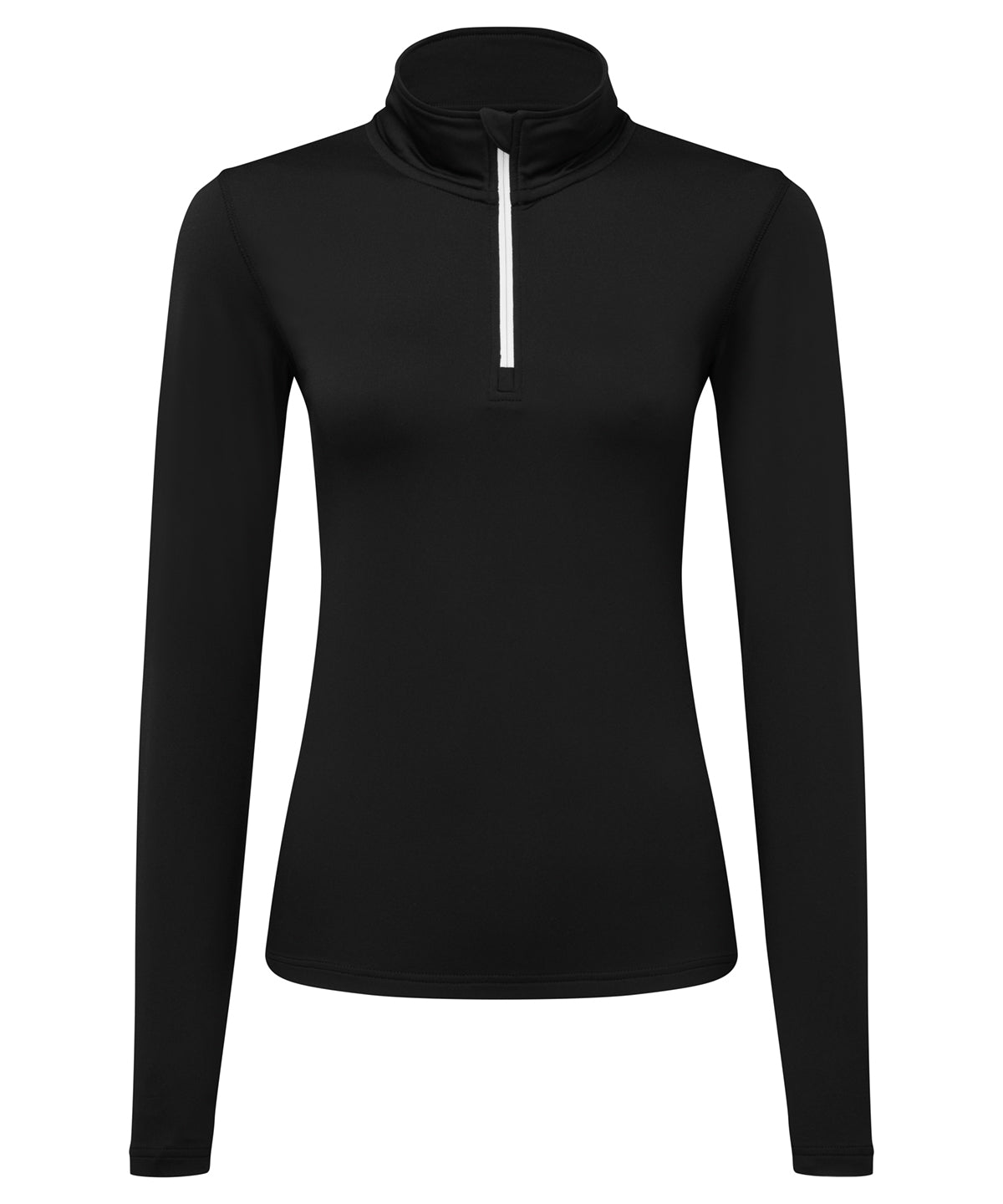 TriDri Women's recycled long sleeve brushed back ¼ zip in Black/White, front view