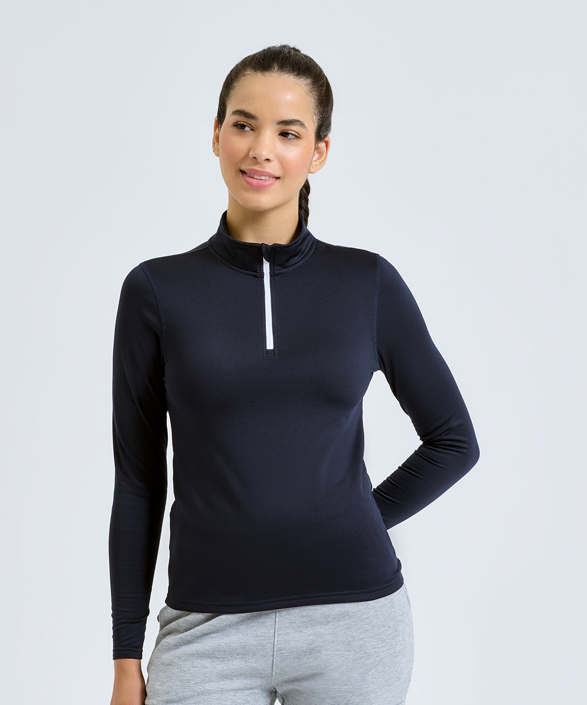 TriDri Women's recycled long sleeve brushed back ¼ zip, lifestyle photo