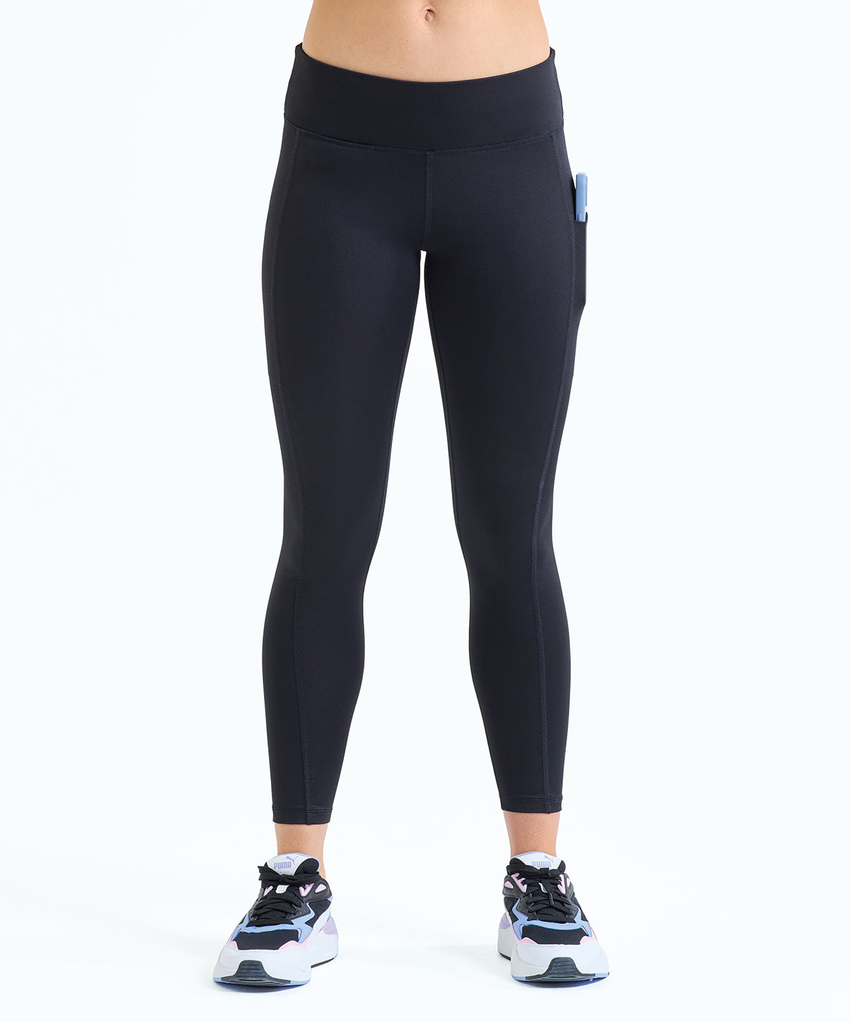 TriDri Women's performance leggings with pockets in Black, lifestyle photo