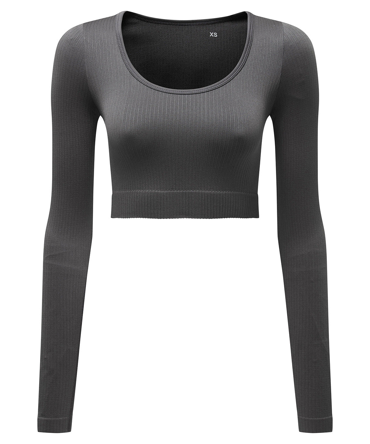 TriDri Women's ribbed seamless 3D fit" crop top" in Charcoal, front view