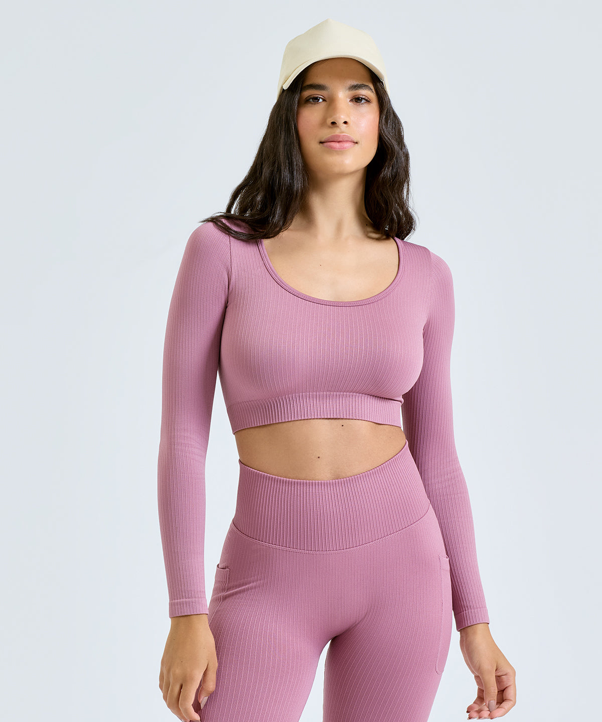 TriDri Women's ribbed seamless 3D fit" crop top", lifestyle photo