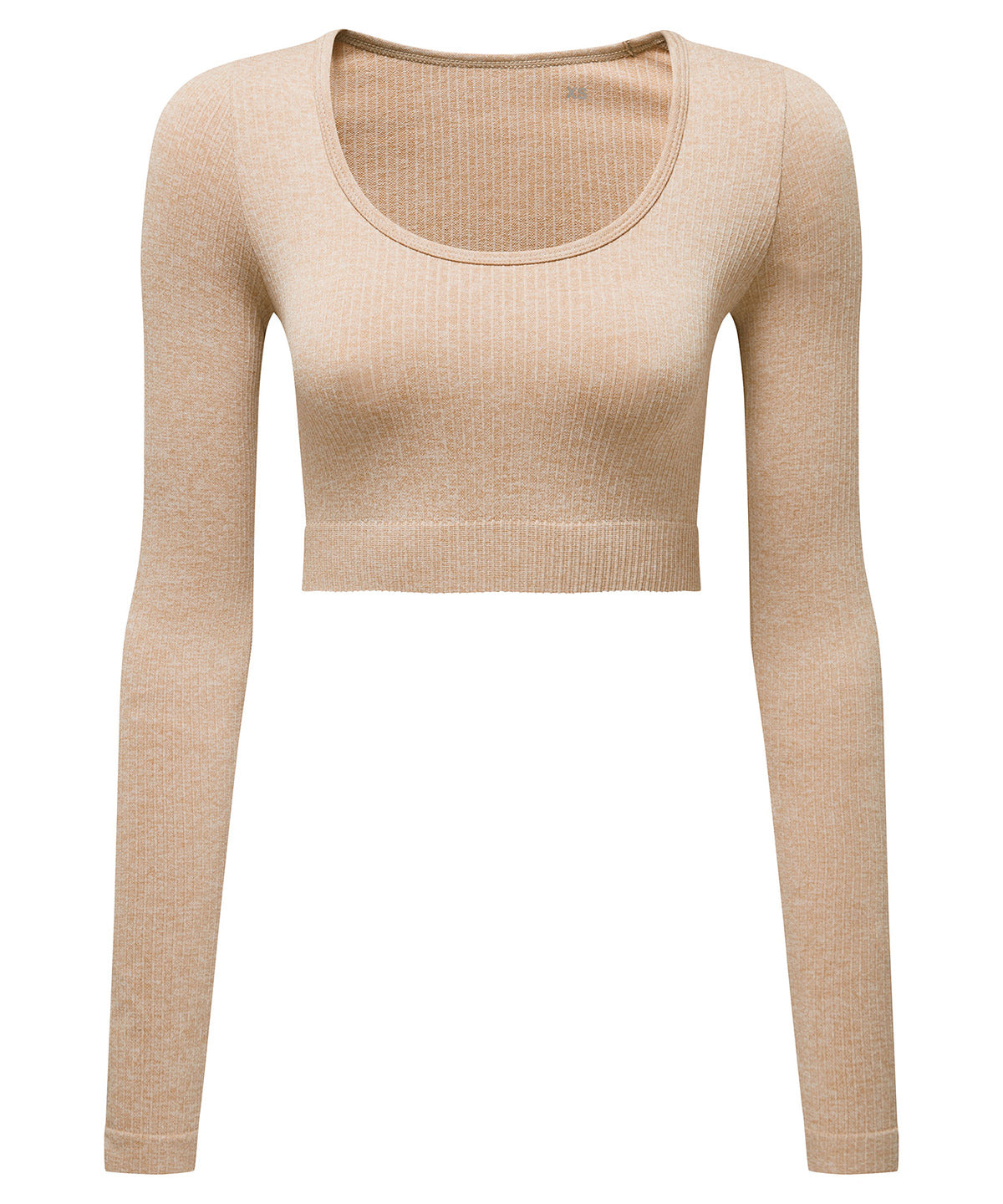 TriDri Women's ribbed seamless 3D fit" crop top" in Nude Melange, front view