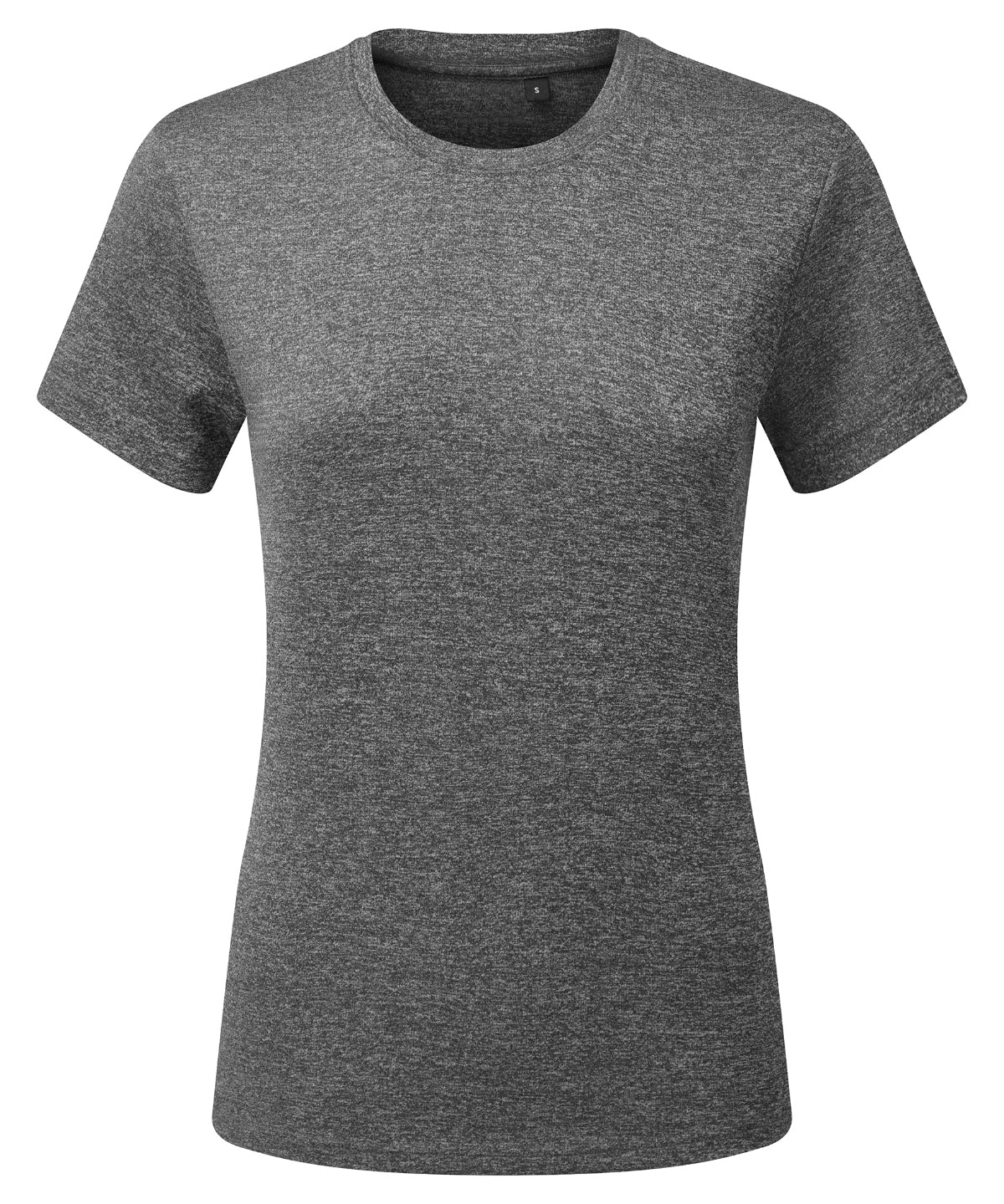 TriDri Women’s ion-charge recycled textured tee in Black Melange, front view