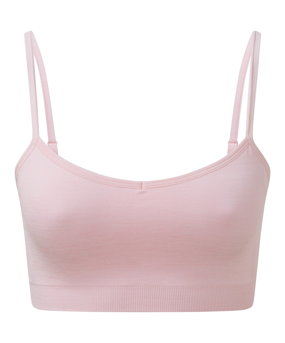 TriDri Women's recycled seamless "3D fit" multi-sport flex bra in Light Pink Melange, front view