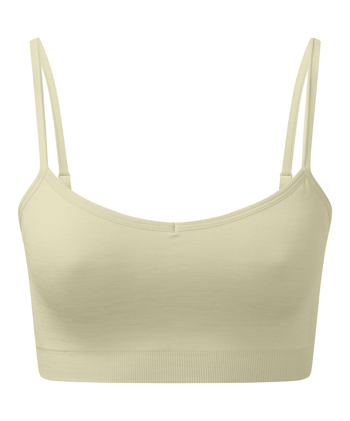 TriDri Women's recycled seamless "3D fit" multi-sport flex bra in Sage Green Melange, front view