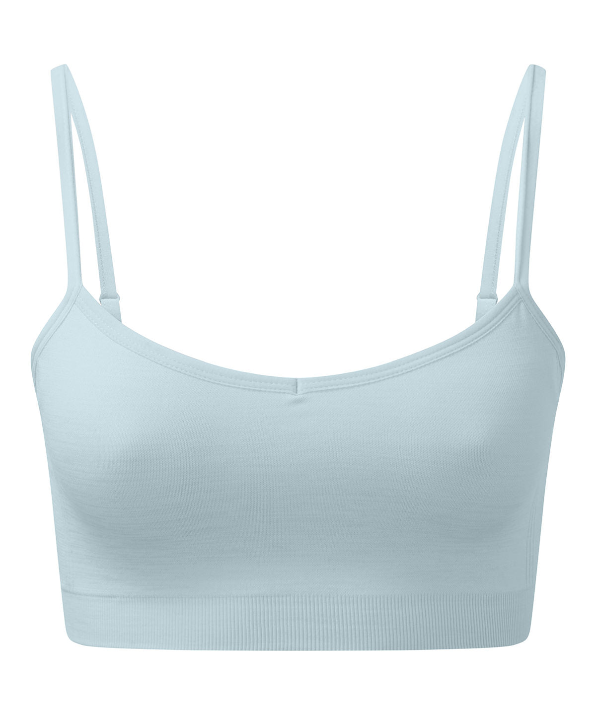 TriDri Women's recycled seamless "3D fit" multi-sport flex bra in Sky Blue Melange, front view
