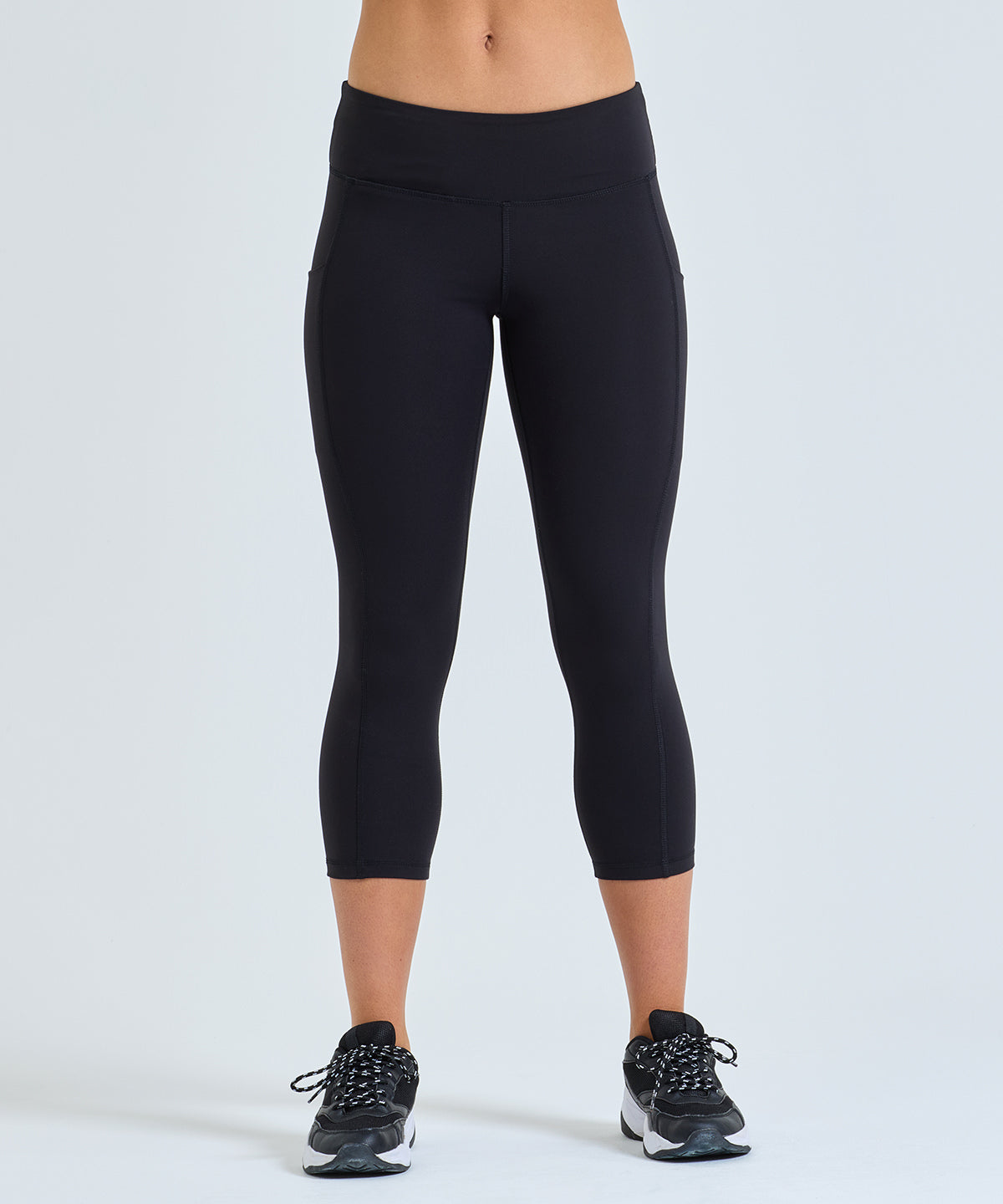 TriDri Women's recycled capri leggings in Black, lifestyle photo