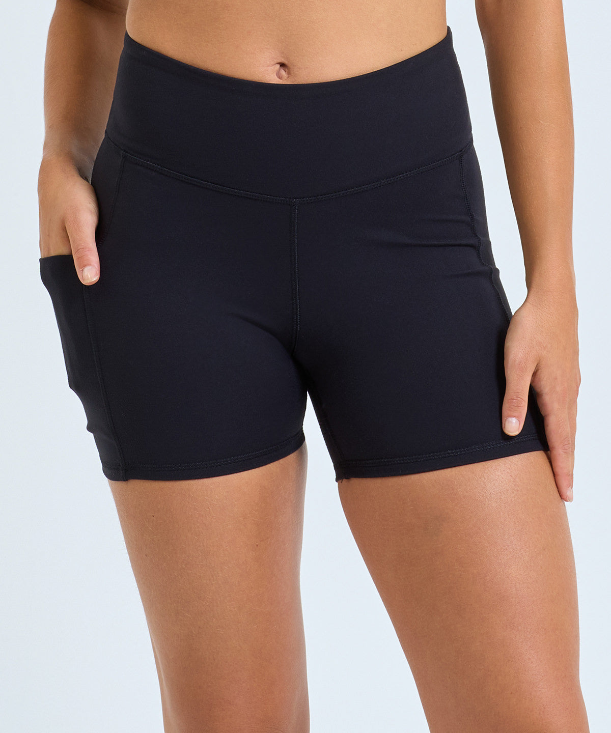 TriDri Women's recycled micro shorts in Black, lifestyle photo
