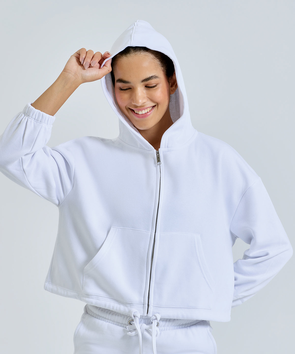 TriDri Women's recycled cropped oversize full-zip hoodie, lifestyle photo