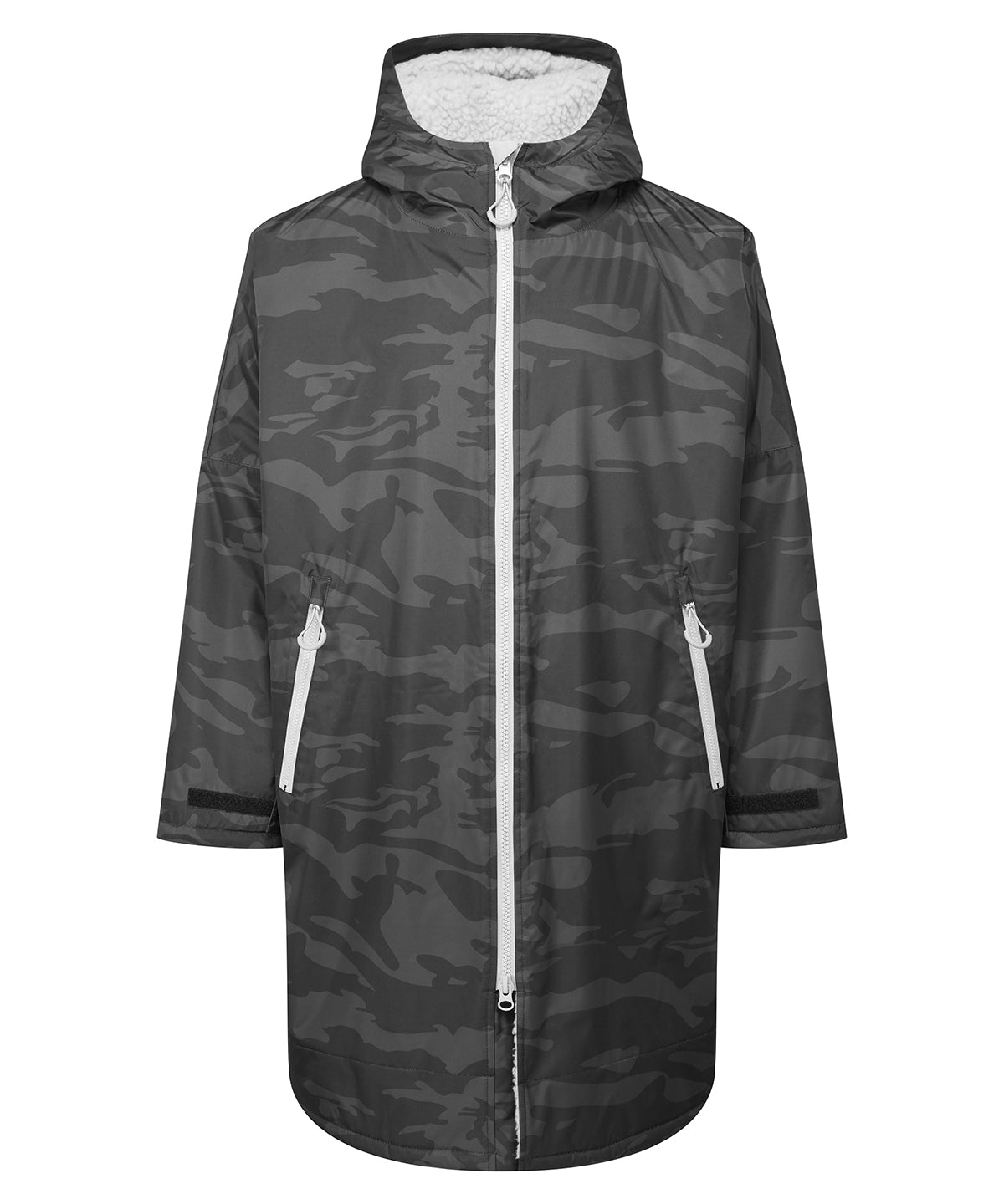 TriDri Recycled all-seasons waterproof changing robe in Black Camo/Cool Grey, front view
