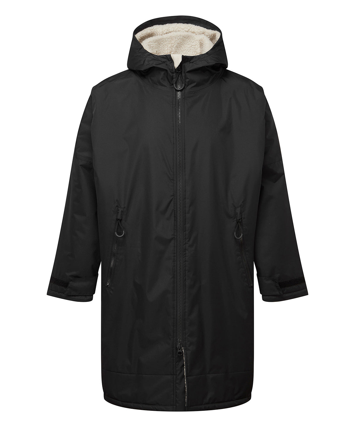 TriDri Recycled all-seasons waterproof changing robe in Black/Natural, front view