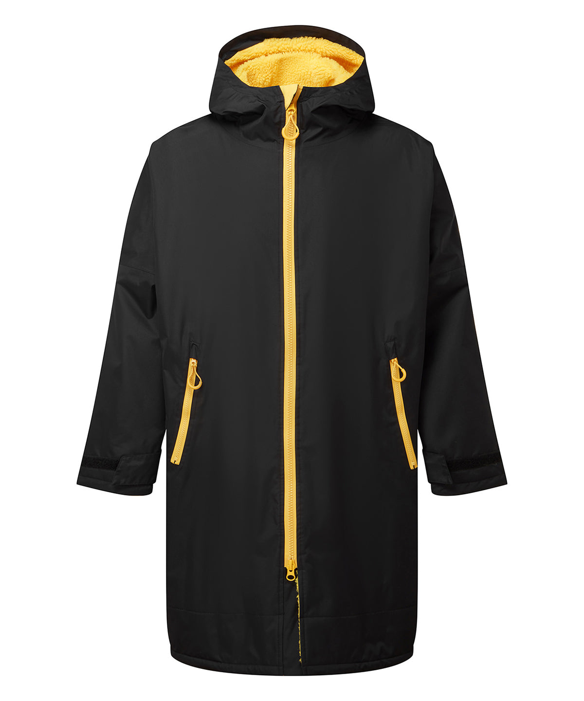 TriDri Recycled all-seasons waterproof changing robe in Black/Sun Yellow, front view