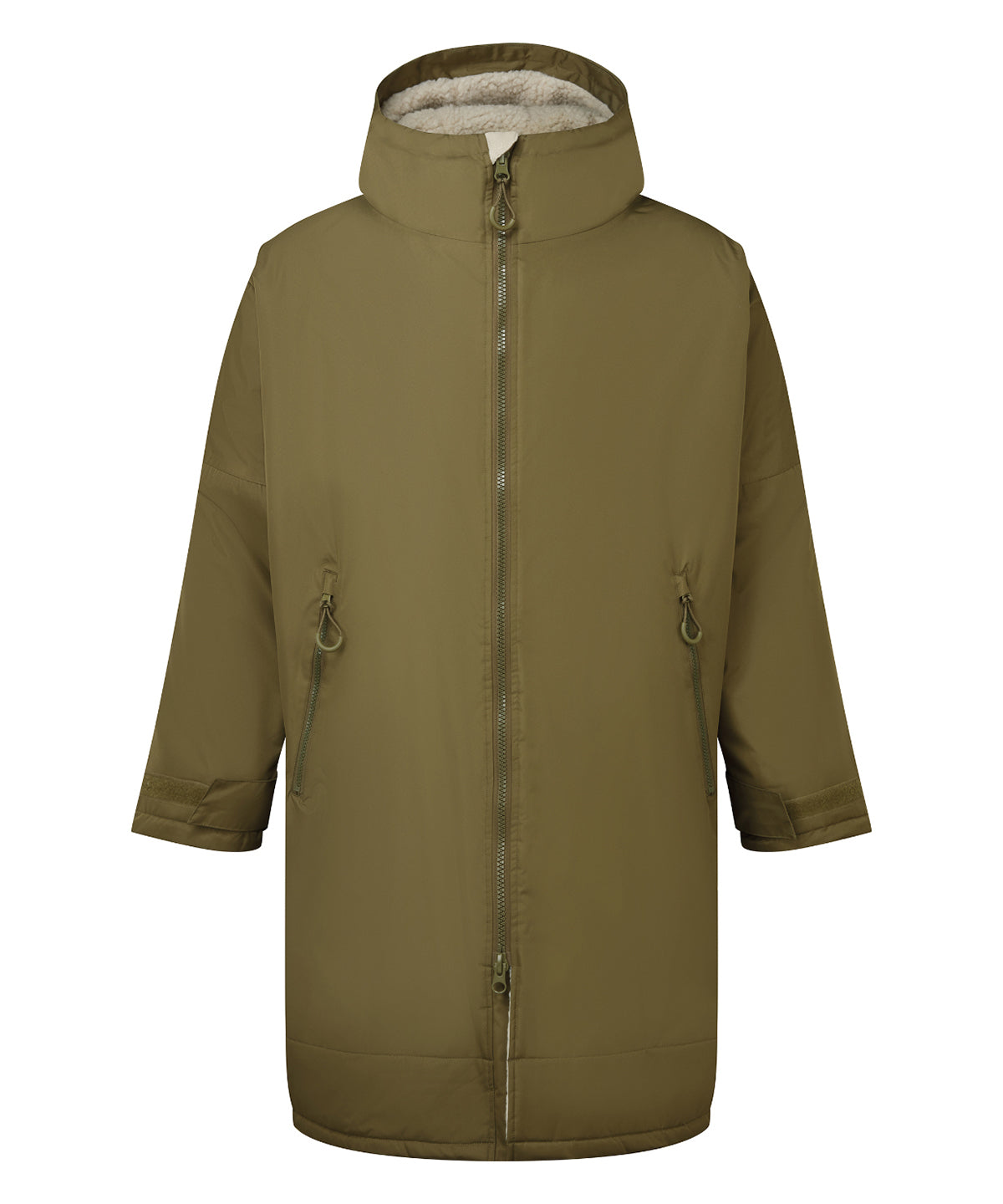 TriDri Recycled all-seasons waterproof changing robe in Olive/Natural, front view