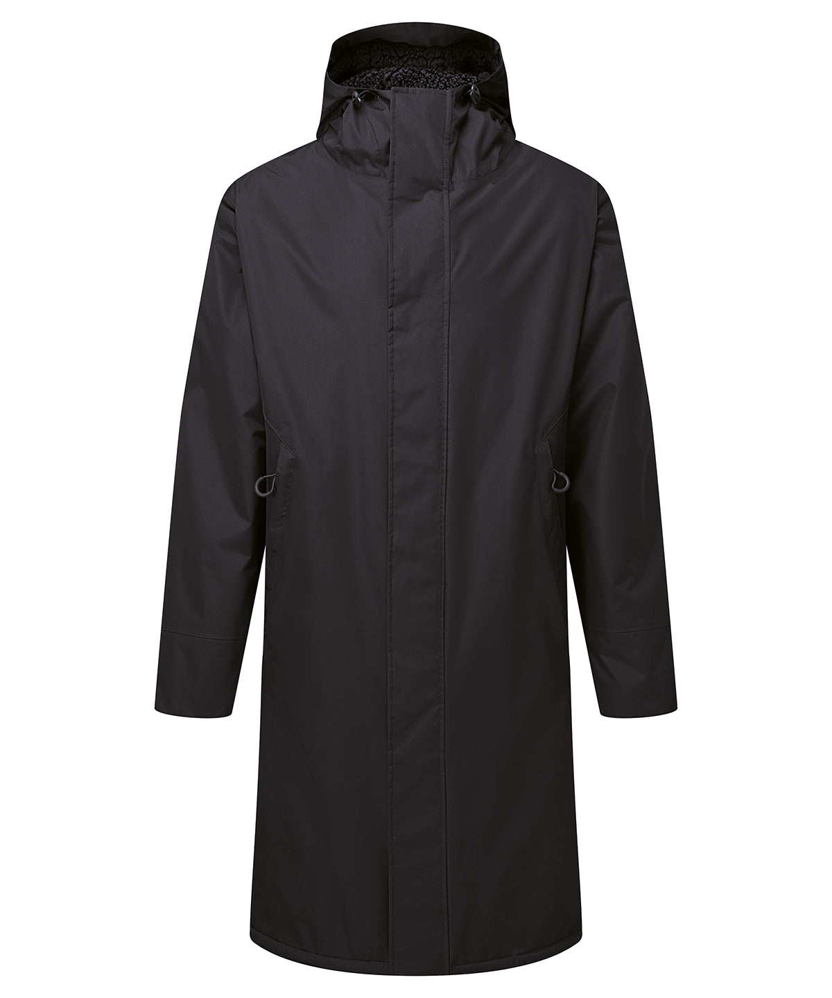 TriDri Recycled all-seasons waterproof longline robe in Black/Black, front view