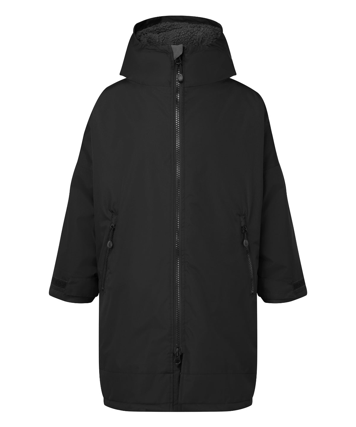 TriDri Kids Recycled all-seasons waterproof changing robe in Black/Charcoal, front view