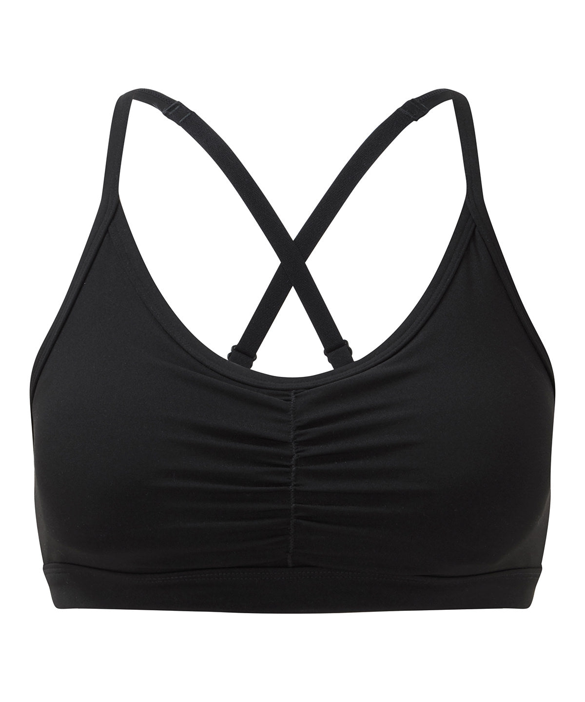 TriDri Ruched sports bra (medium impact) in Black, front view