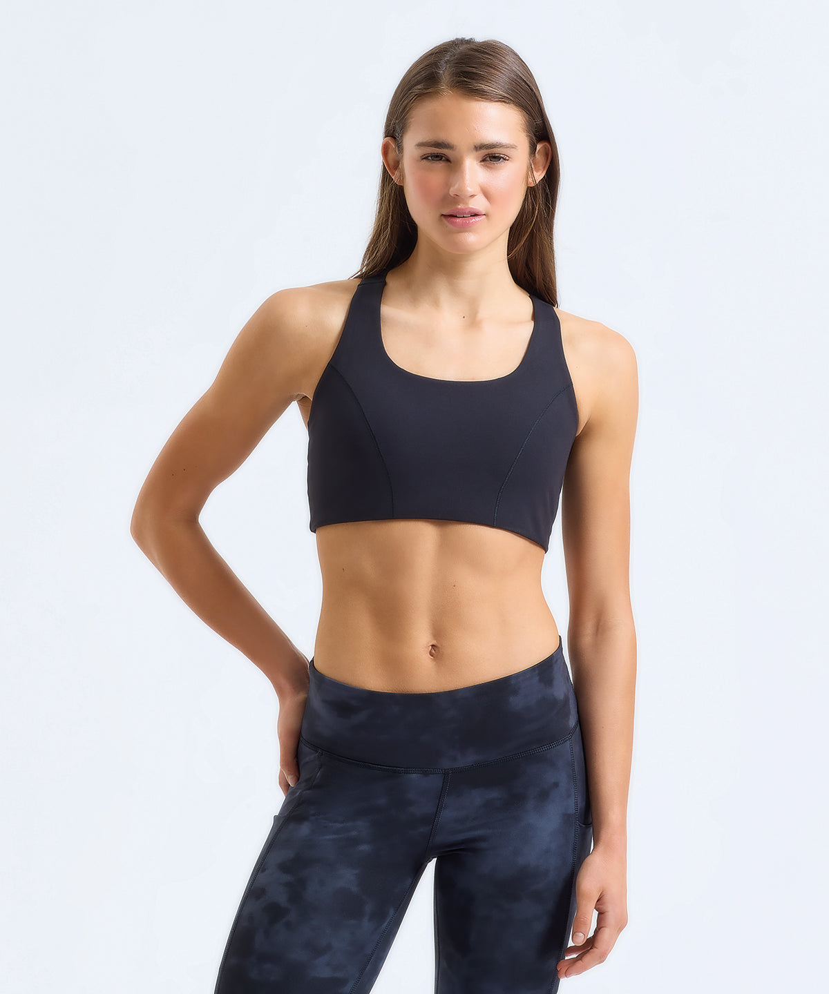 TriDri Recycled high impact sports bra in Black, lifestyle photo