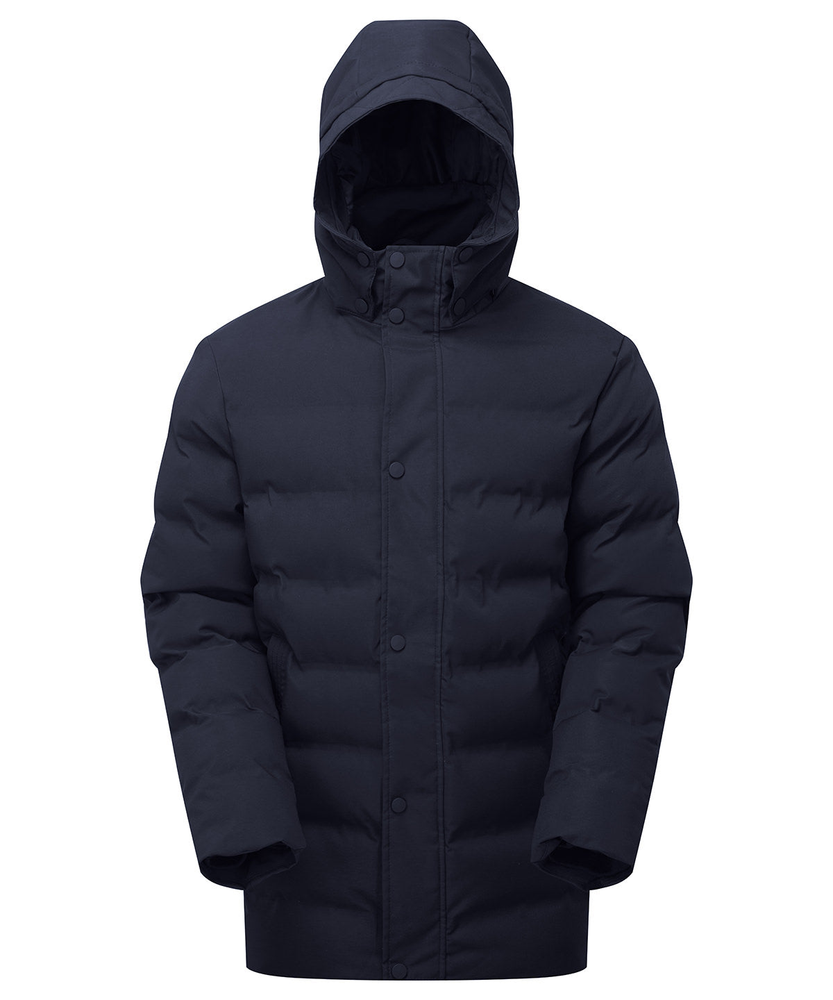 2786 Recycled bonded longline padded jacket in Navy, front view