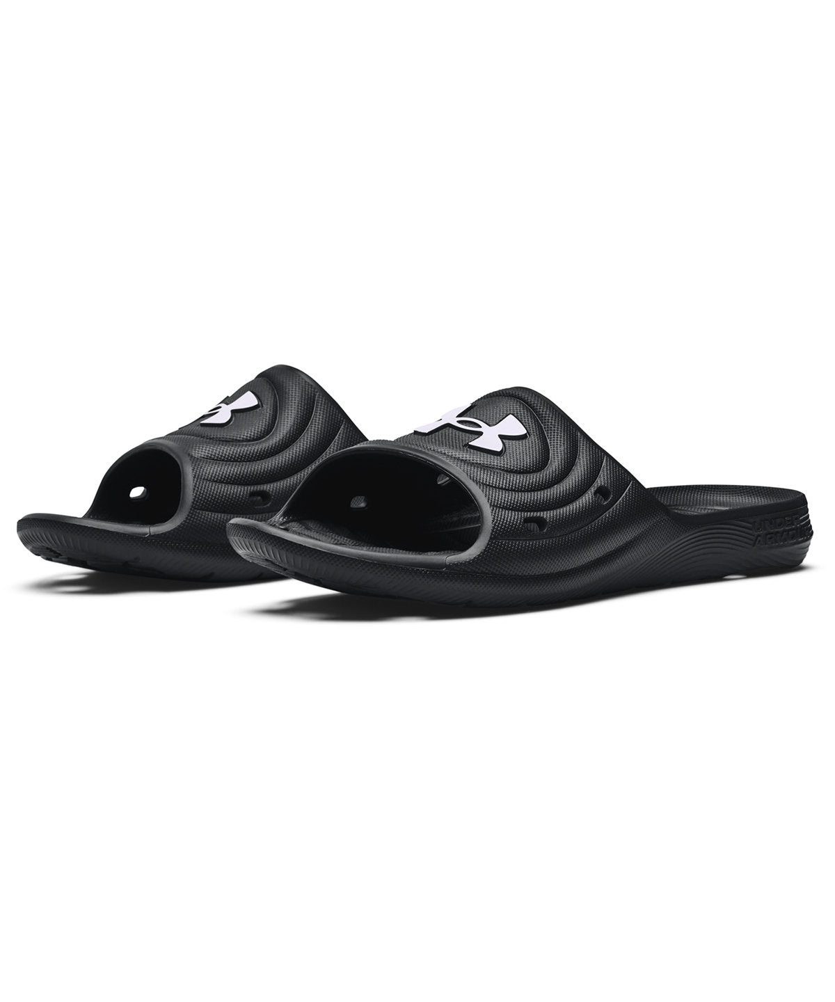 Under Armour UA Locker IV slides in Black/Black/White, lifestyle photo