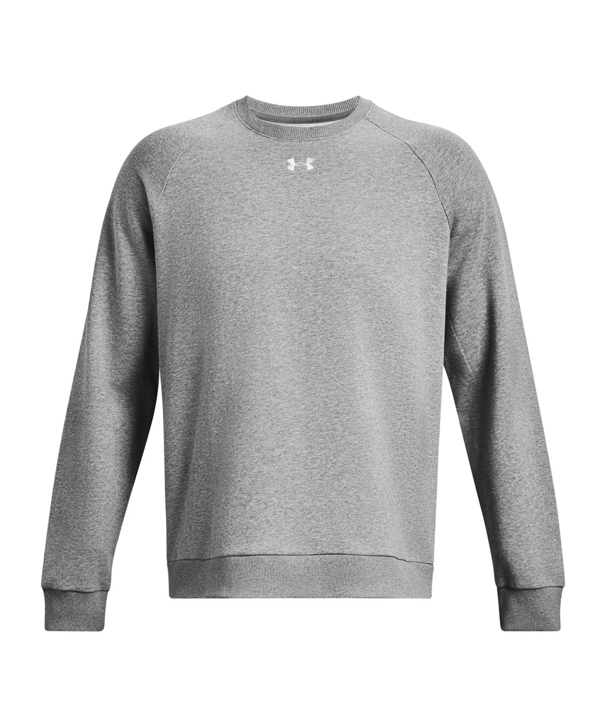 Under Armour UA Rival fleece crew in Castlerock Light Heather/White, front view