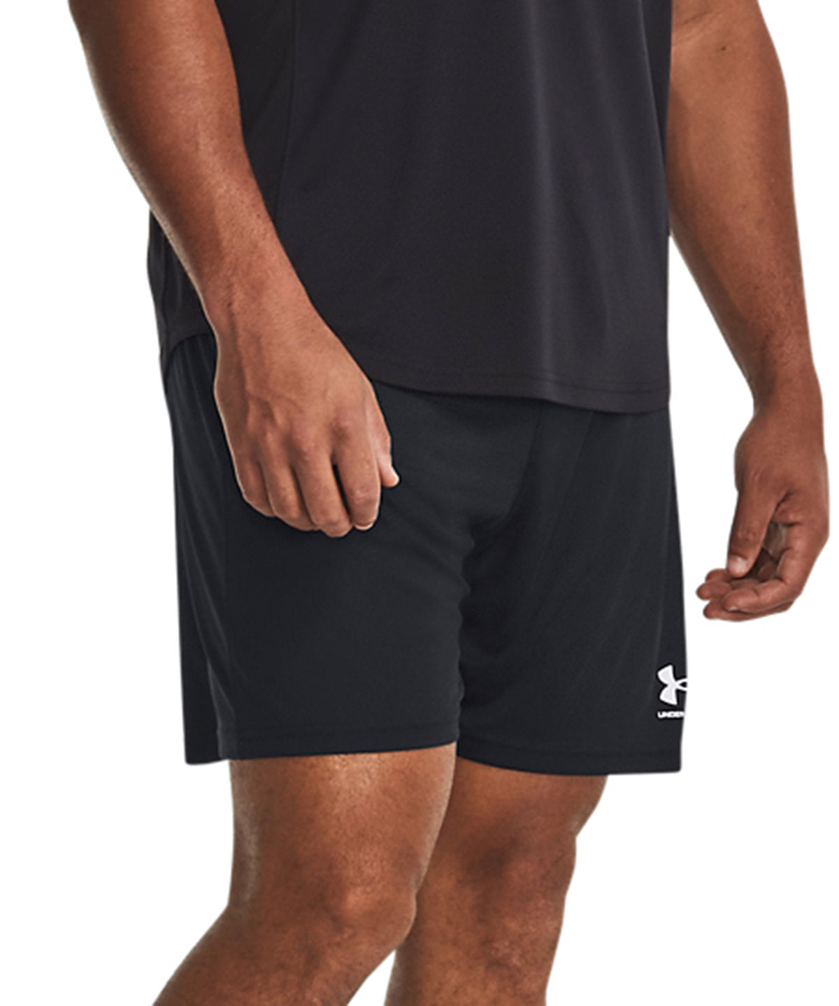 Under Armour Men's UA Challenger Knit Shorts in Black/White, lifestyle photo