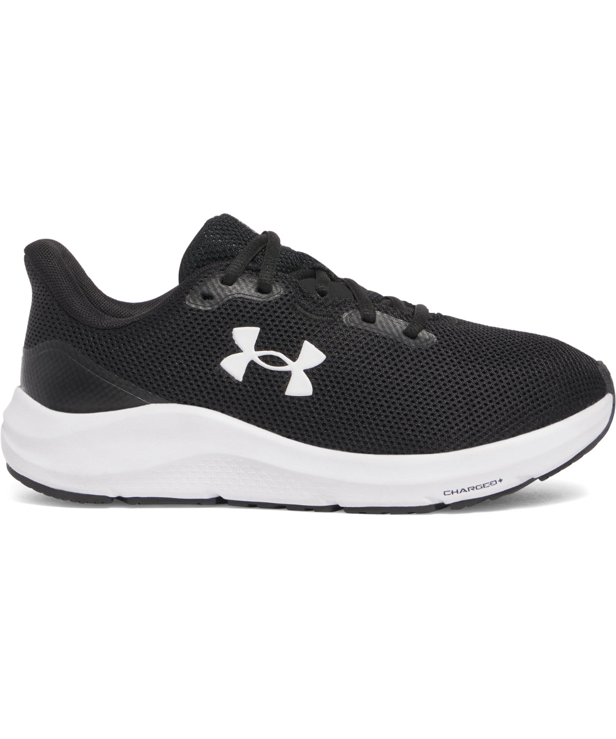 Under Armour UA Charged pursuit 4 trainers in Black/Black/White, front view