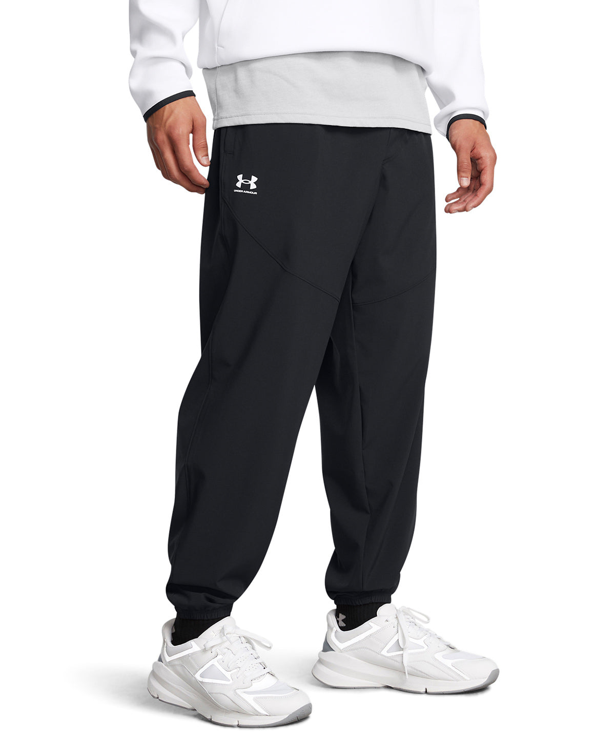 Under Armour Vibe woven joggers in Black/White, lifestyle photo