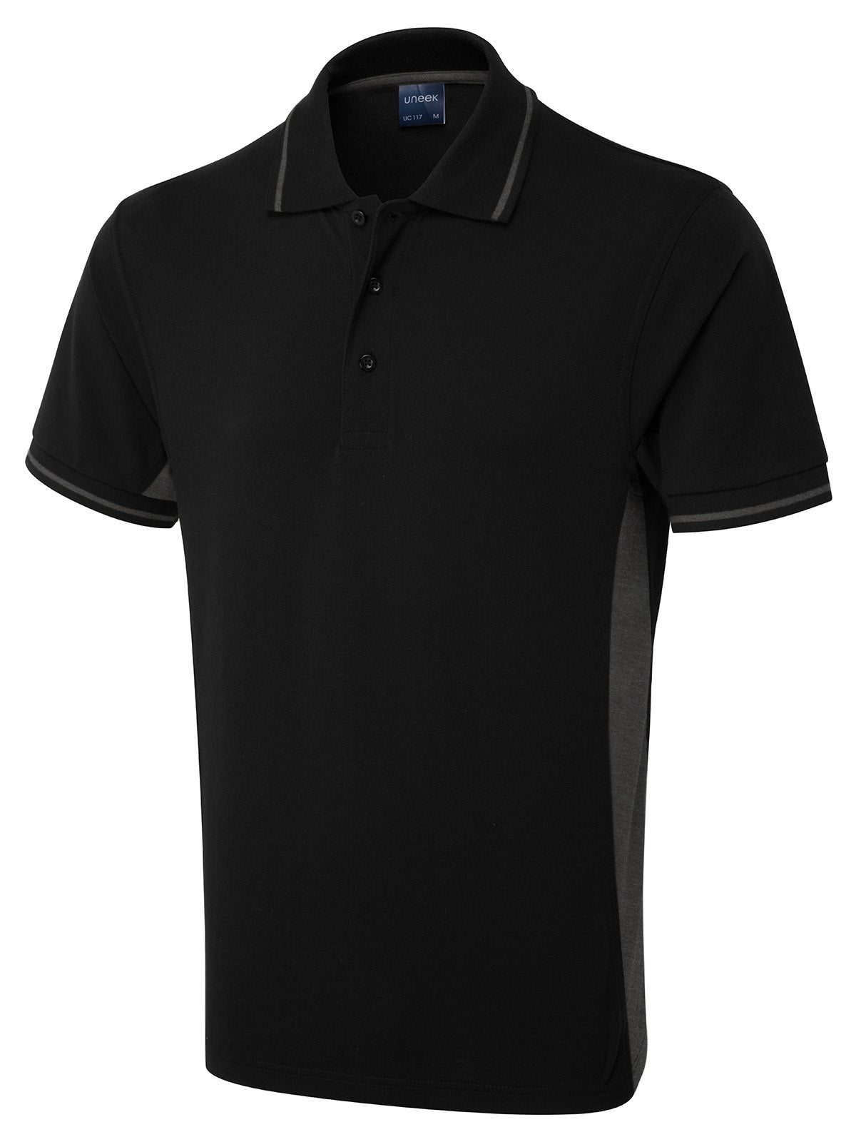 Uneek Two Tone Polo Shirt in Black/Charcoal, front view