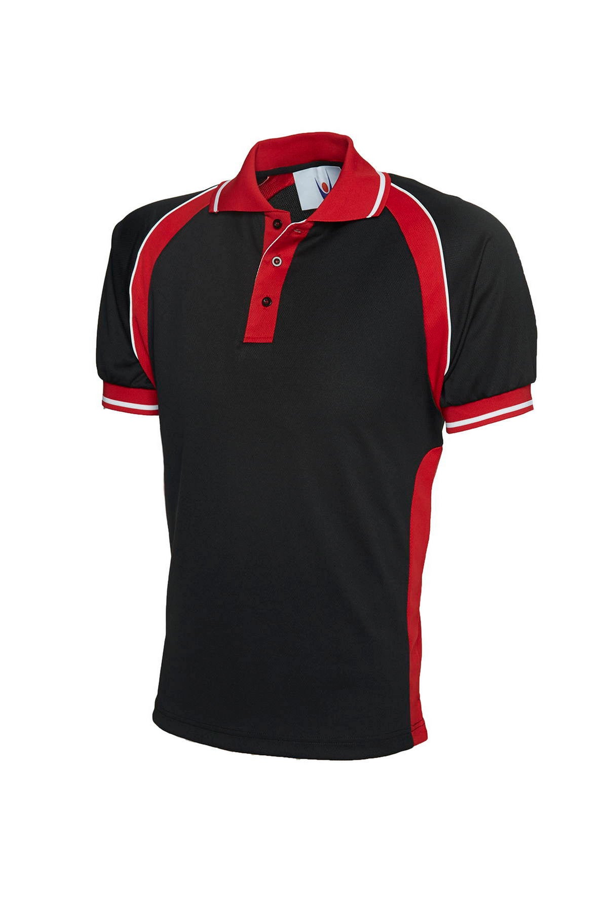 Uneek Sports Poloshirt in Black/Red, front view