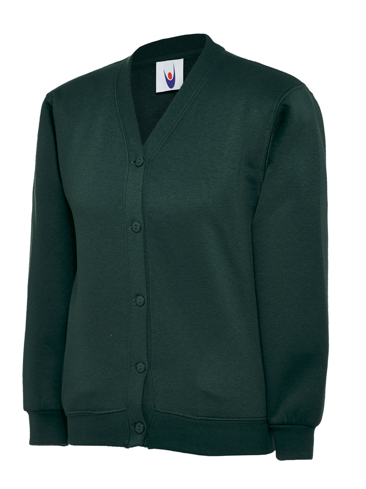 Uneek Childrens Classic Cardigan in Bottle Green, front view