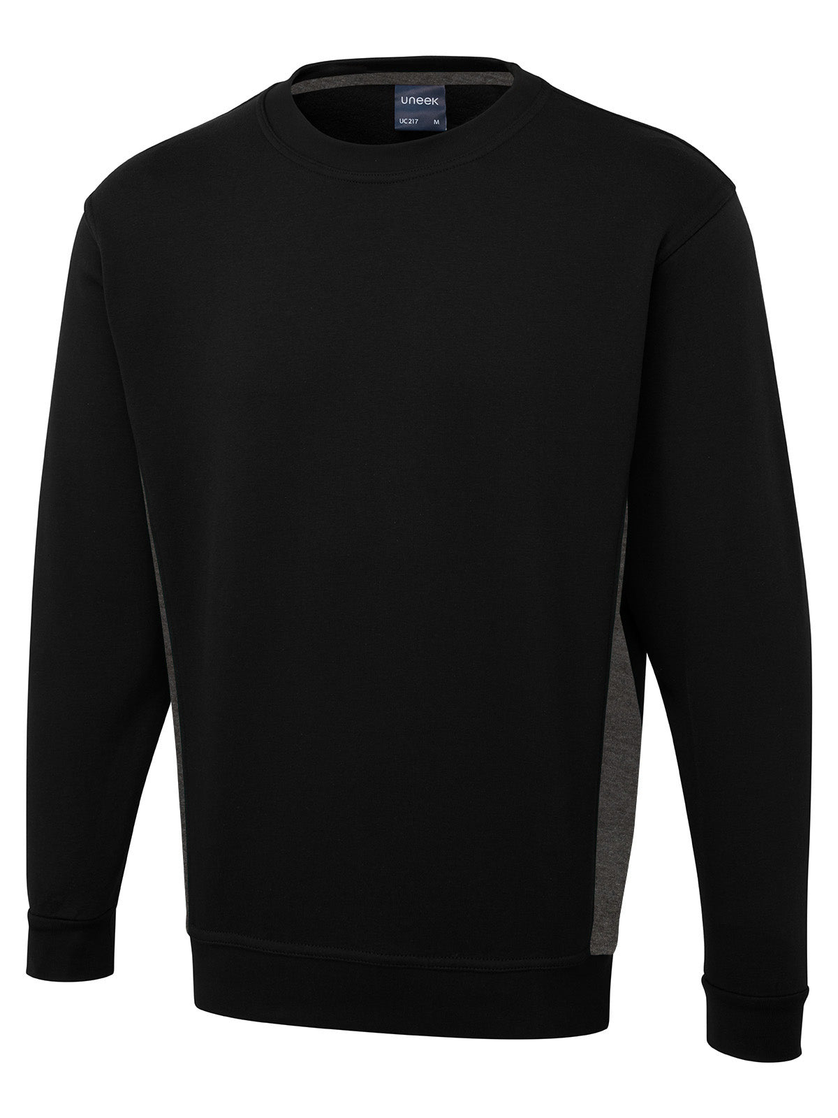 Uneek Two Tone Crew Neck Sweatshirt in Black/Charcoal, front view