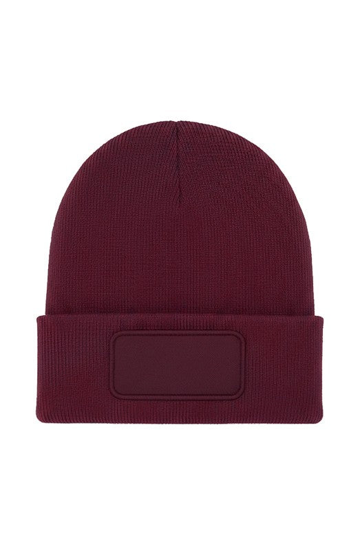 Uneek Rectangular Patch Beanie in Maroon, front view