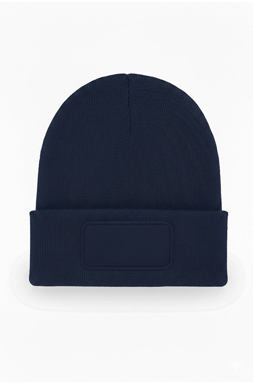 Uneek Rectangular Patch Beanie in Navy, front view