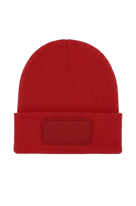 Uneek Rectangular Patch Beanie in Red, front view