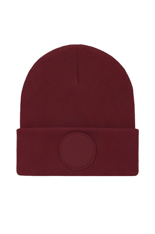 Uneek Circular Patch Beanie in Maroon, front view