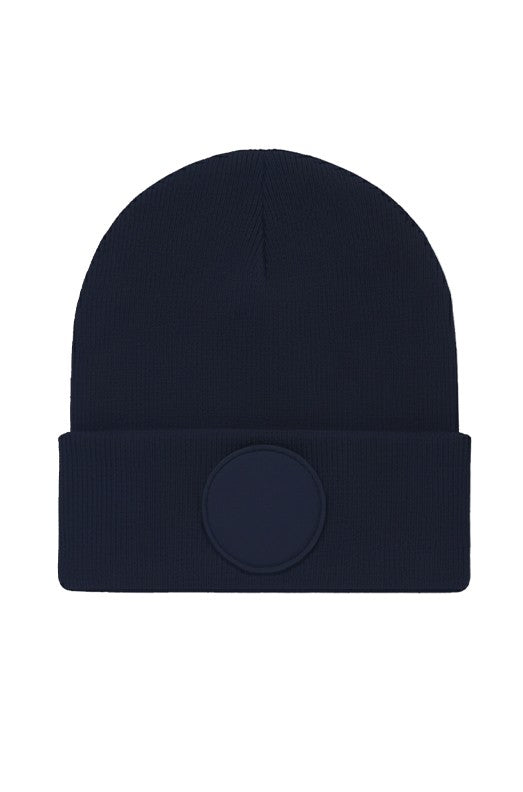 Uneek Circular Patch Beanie in Navy, front view