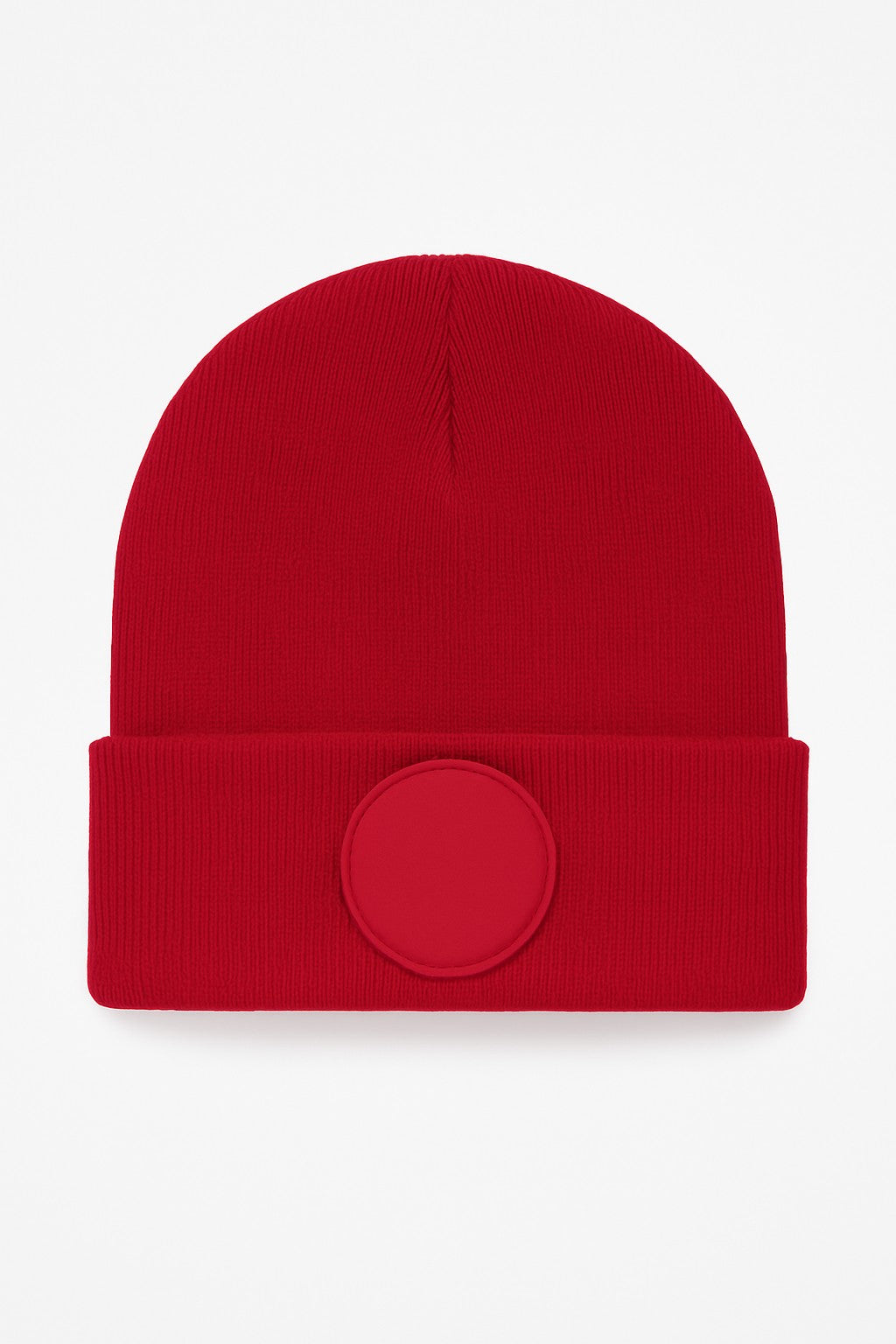 Uneek Circular Patch Beanie in Red, front view