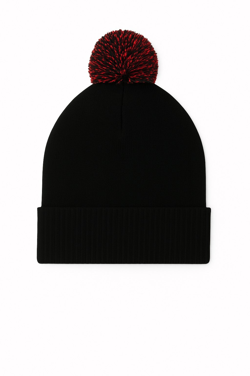 Uneek Pom Pom Beanie in Black/Red, front view