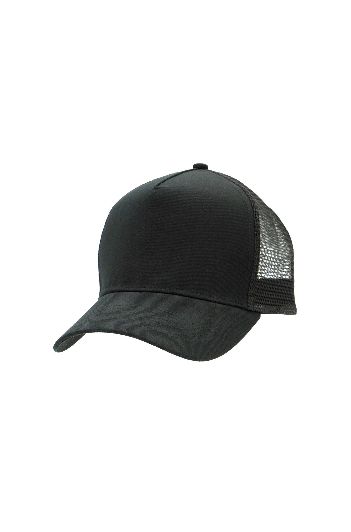 Uneek Snapback Trucker Cap in Black/Black, front view