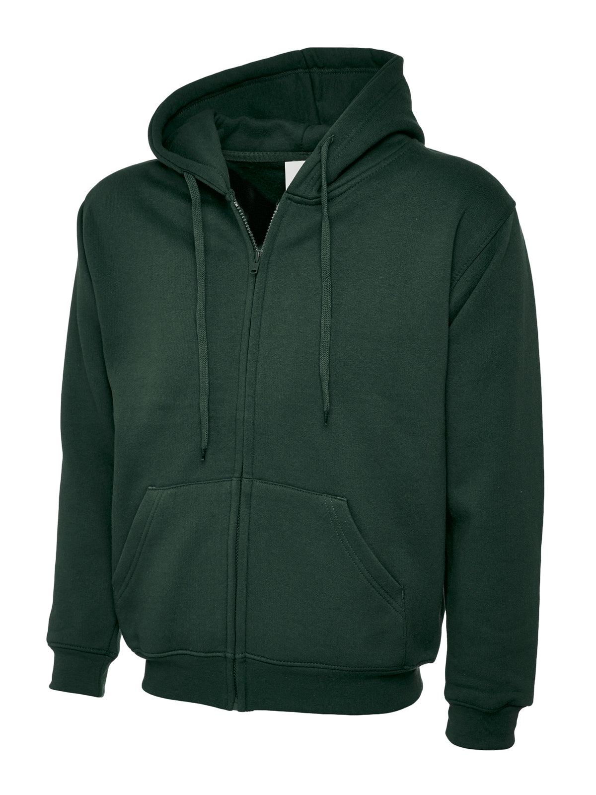 Uneek Adults Classic Full Zip Hooded Sweatshirt in Bottle Green, front view