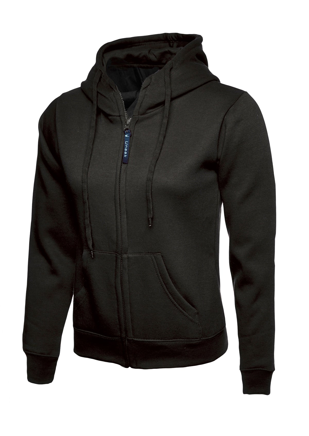 Uneek Ladies Classic Full Zip Hooded Sweatshirt in Black, back view