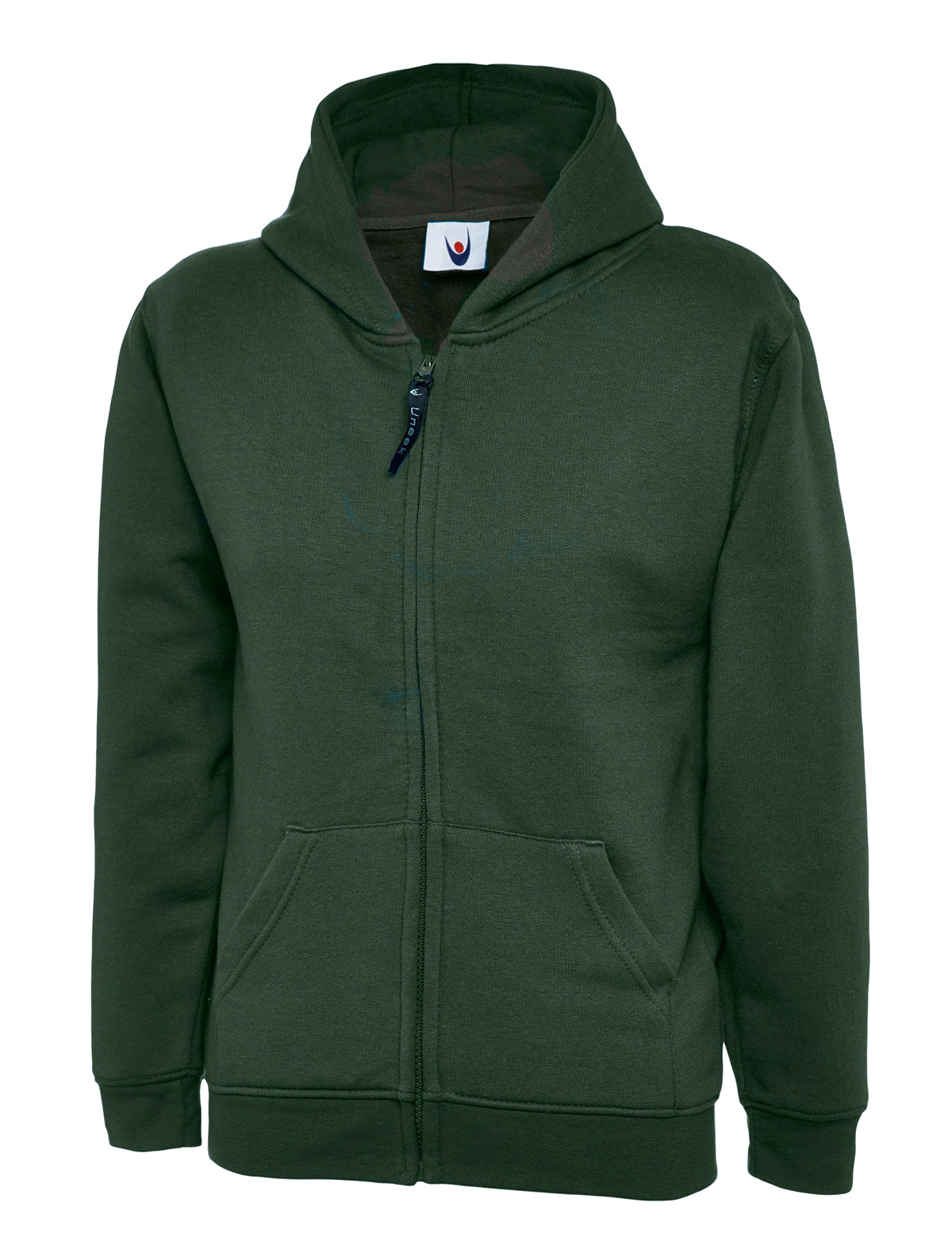 Uneek Childrens Classic Full Zip Hooded Sweatshirt in Bottle Green, front view